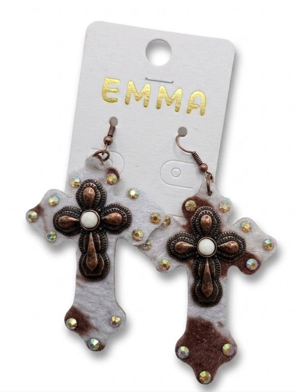 Emma White and Brown Cross Earrings with Bronze Accents NWT